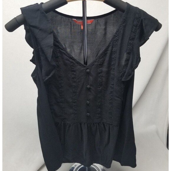 ModCloth Medium Top V Neck Black Flutter Retro Ruffle Whimsigoth Witchy Gothic - Picture 1 of 10